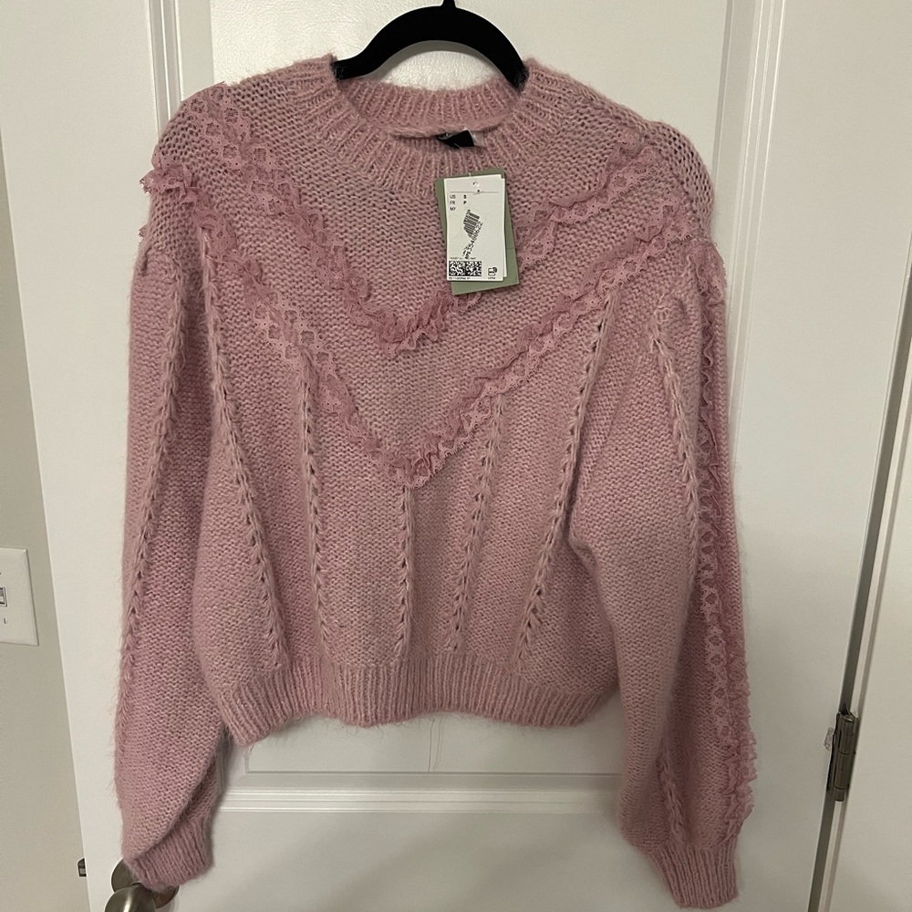 H&M Lace-Trimmed Sweater Pink Small - Picture 2 of 10